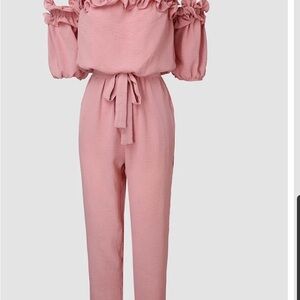 chic Blush Pink Off-Shoulder Jumpsuit with Tie Waist